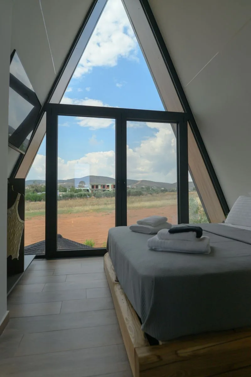 Bedroom with A-frame window view